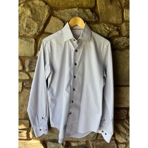 Lorenzo Uomo Trim Fit Dress Shirt Mens 15 34/35 White Navy Micro Print Button Up